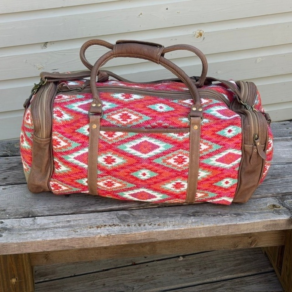 Myra Bag Southwestern Kilim Canvas Leather Weekender Duffel Bag Red Turquoise